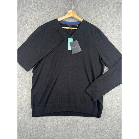 Ted Baker Sweater Mens 2XL Black Wool V Neck Textured Detail Lightweight NWT - Picture 2 of 16